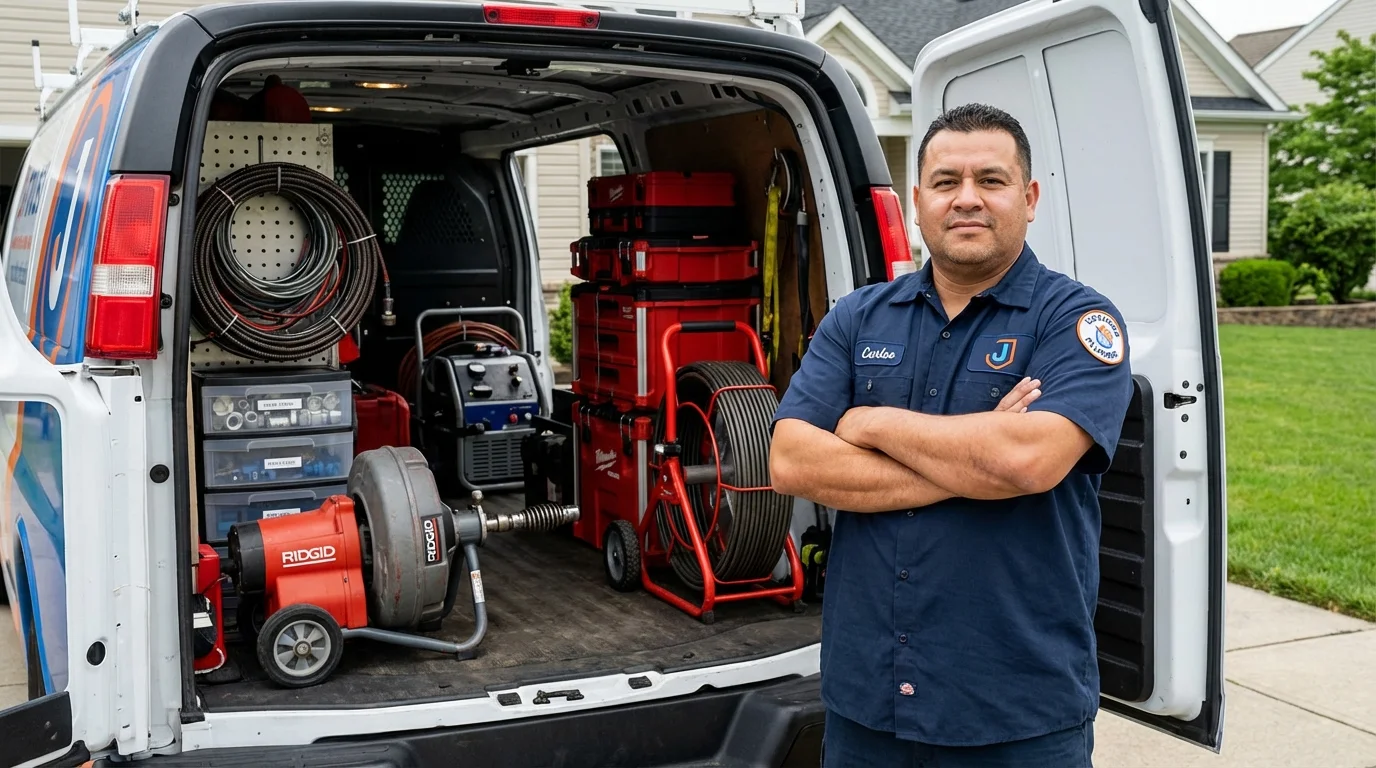 Professional drain cleaning equipment and Johns Plumbing LLC plumber in Sweeny