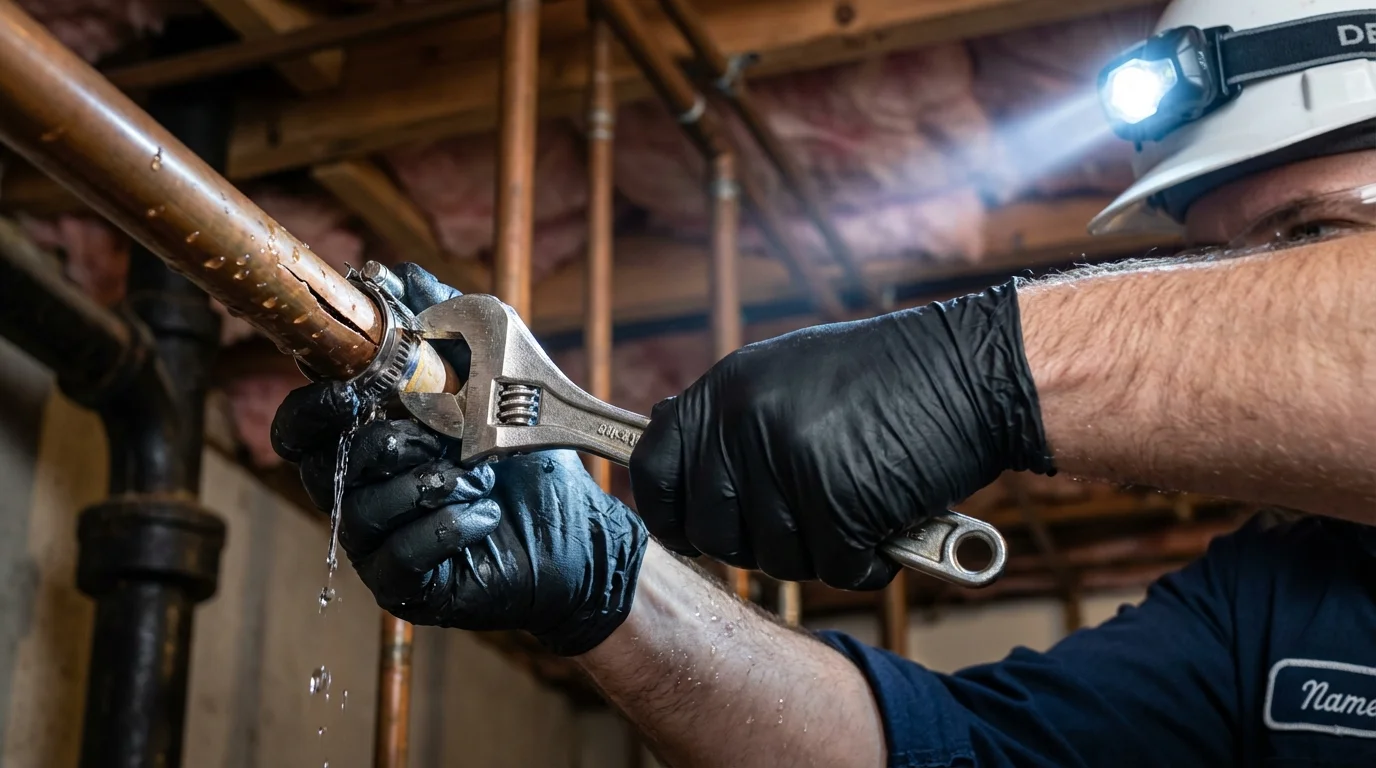 Emergency pipe clamp repair being performed by a Johns Plumbing LLC plumber in Sweeny