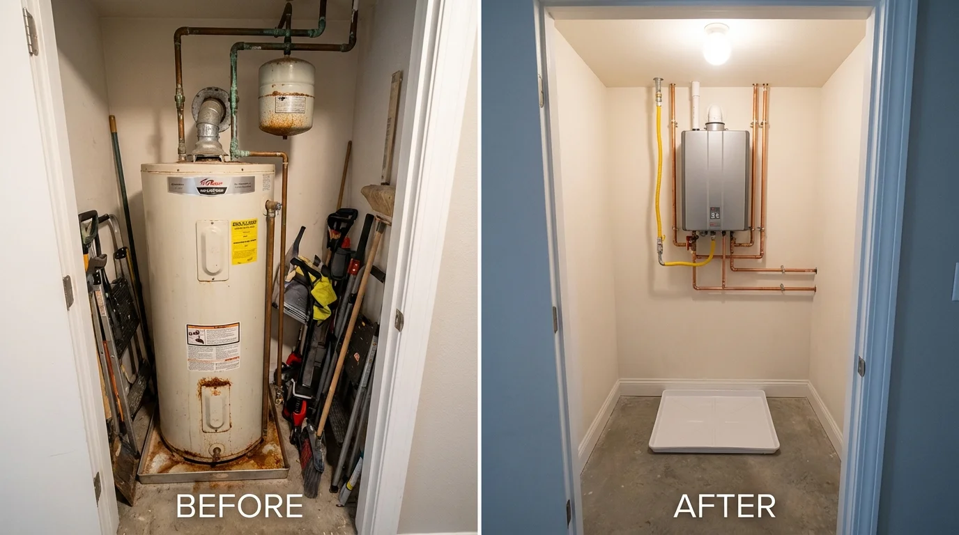 Tank water heater versus wall-mounted tankless unit comparison for Sweeny, TX homeowners