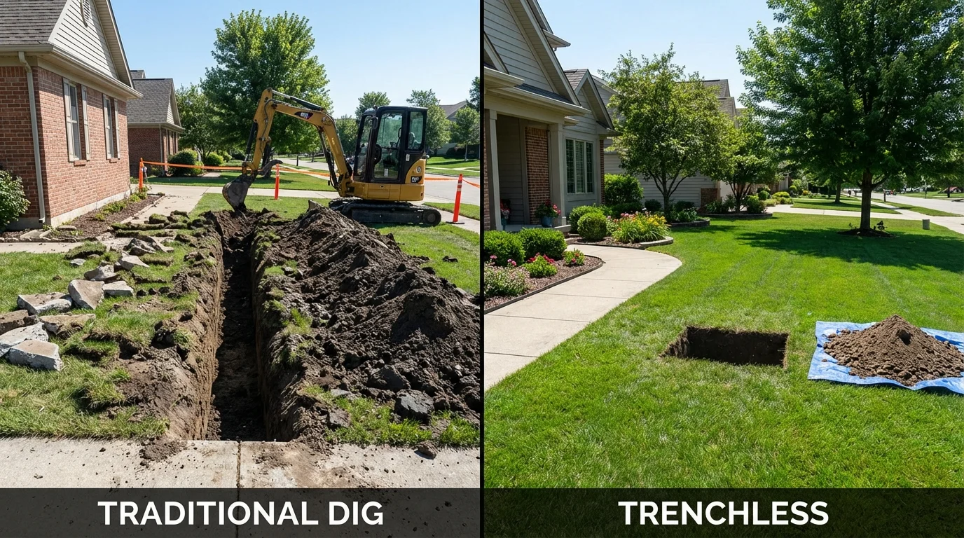 Trenchless sewer repair with minimal yard damage versus traditional excavation in Sweeny, TX