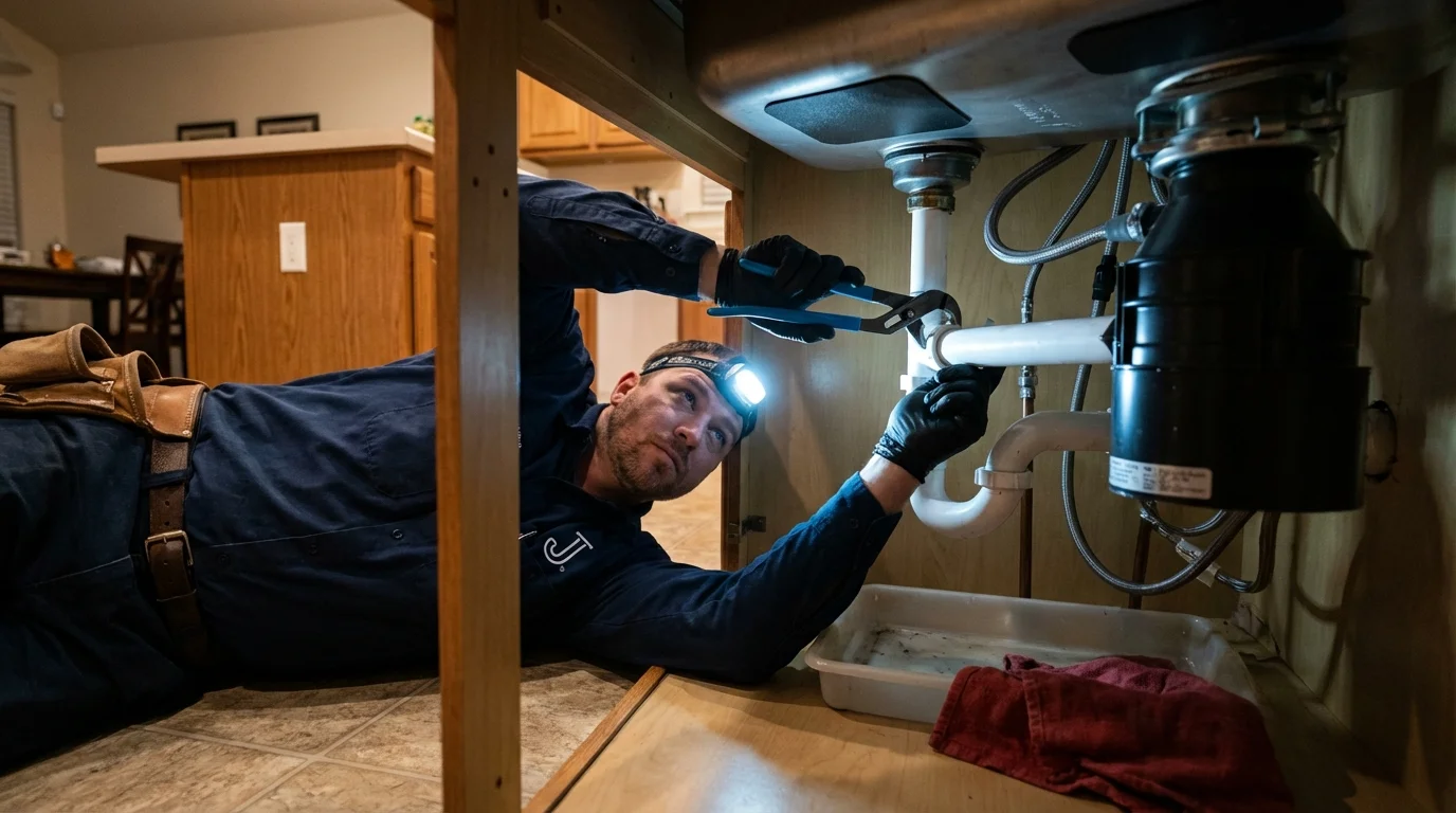P-trap and supply line connections under a kitchen sink showing a common leak point in Sweeny, TX